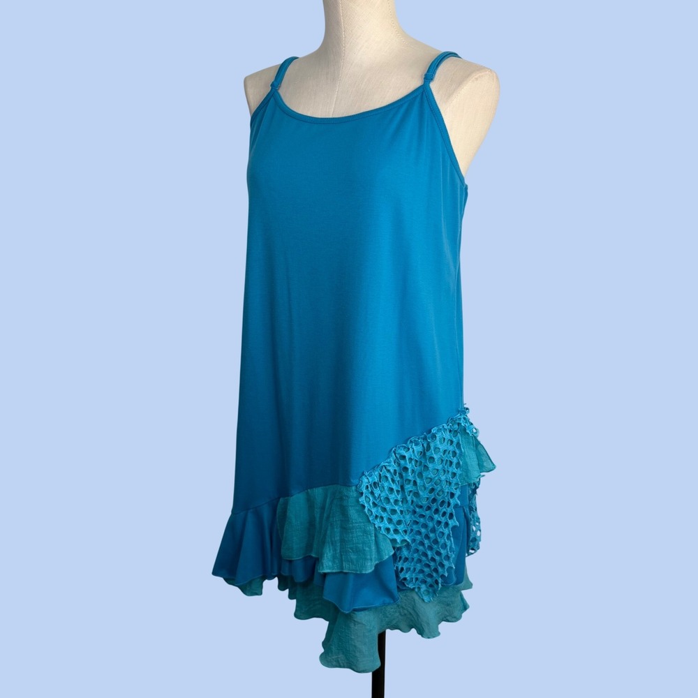Noelle Teal Blue Tiered Ruffle Crochet Boho Dress Tunic L/XL Piratecore Fairy